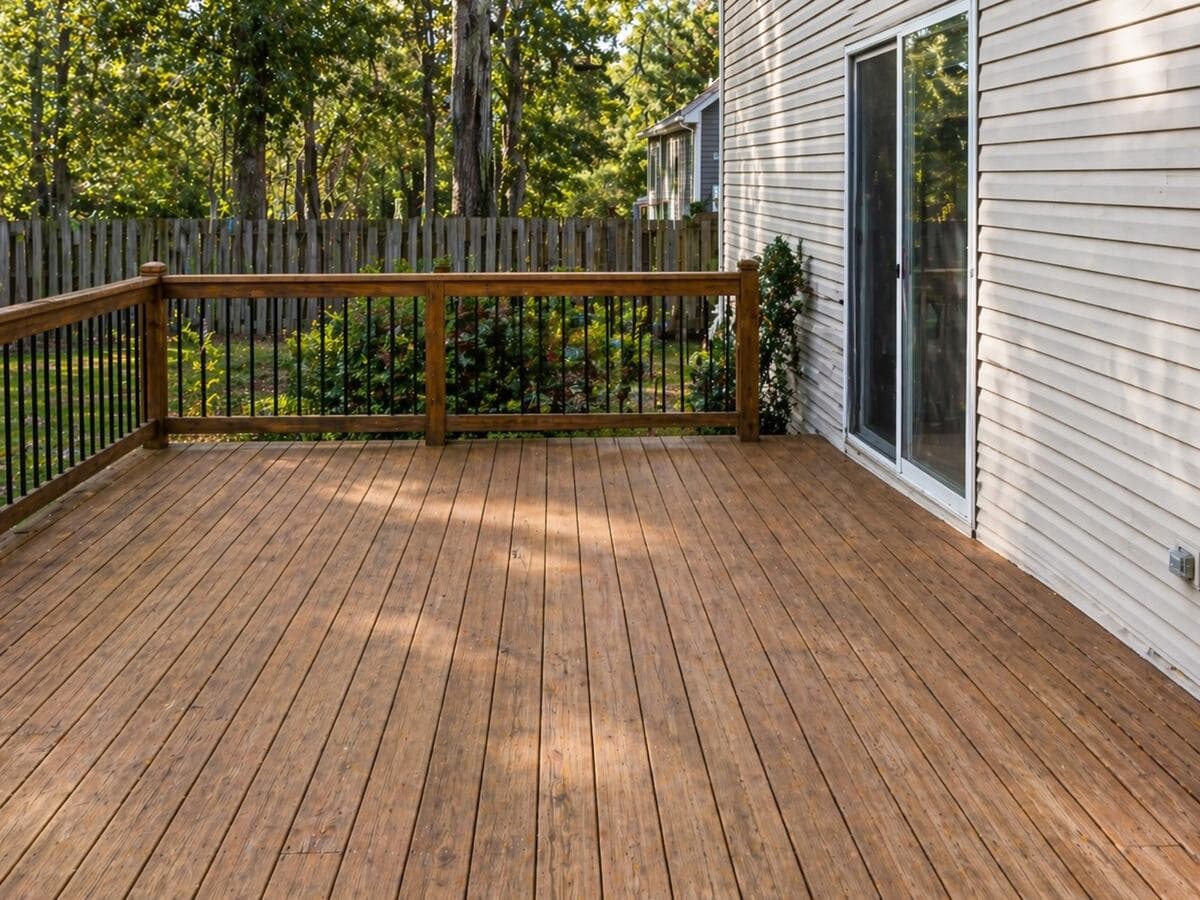 Same St. Simons Island backyard after hot tub removal by Golden Isles Junk Removal, deck intact.