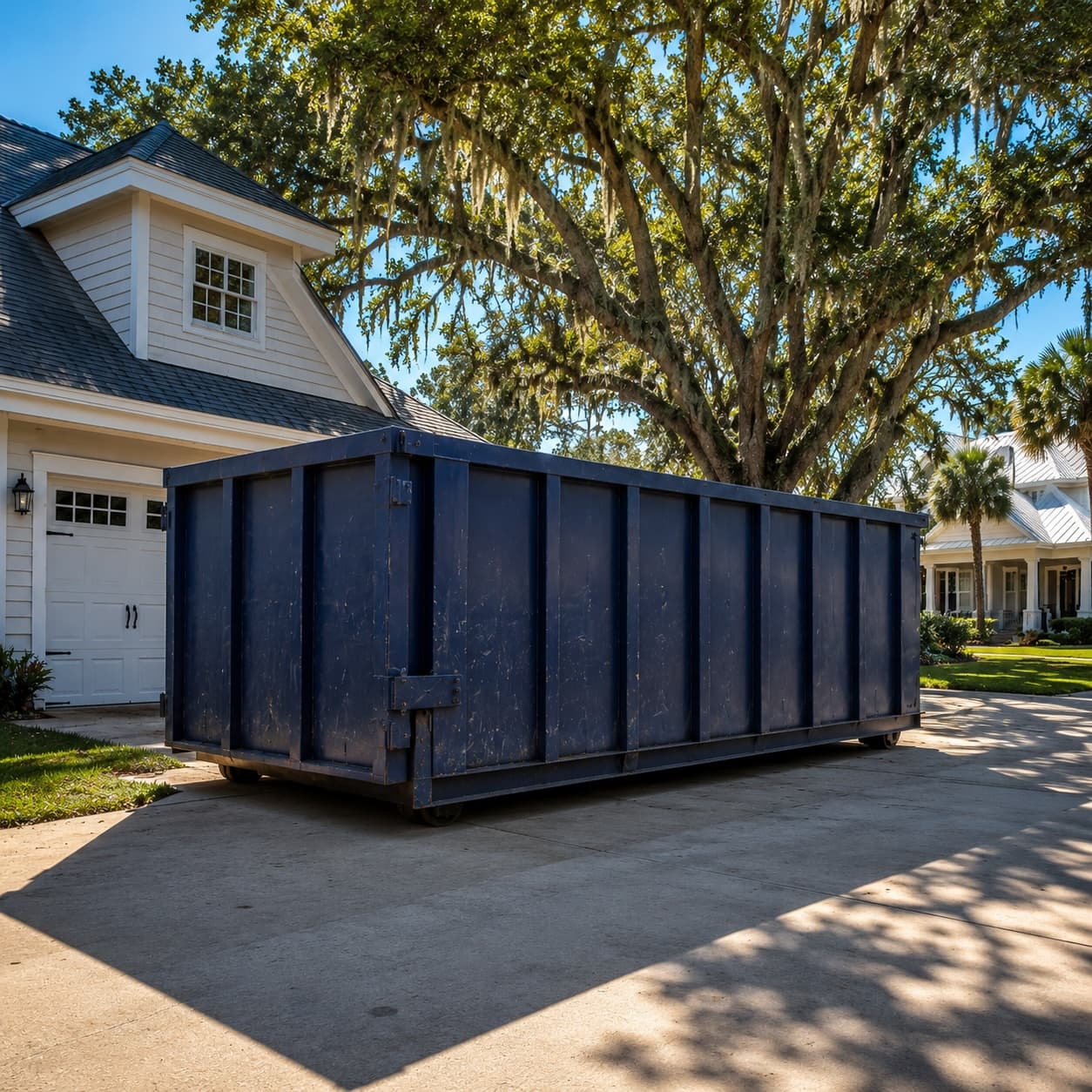 A Golden Isles Junk Removal roll-off dumpster dropped on a driveway for a dumpster rental in Brunswick, Georgia.
