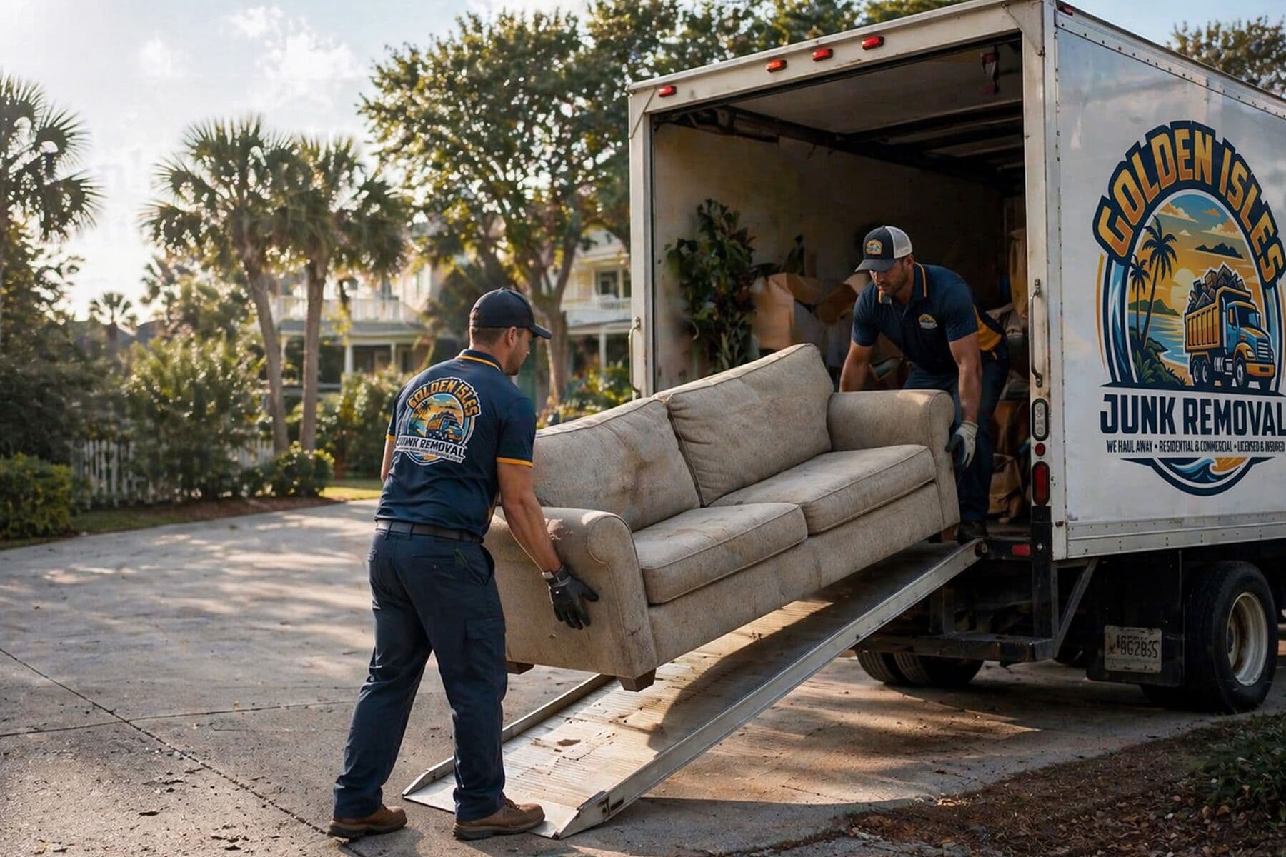 Golden Isles Junk Removal crew loading a sofa into the truck on a Brunswick, Georgia driveway at sunset.