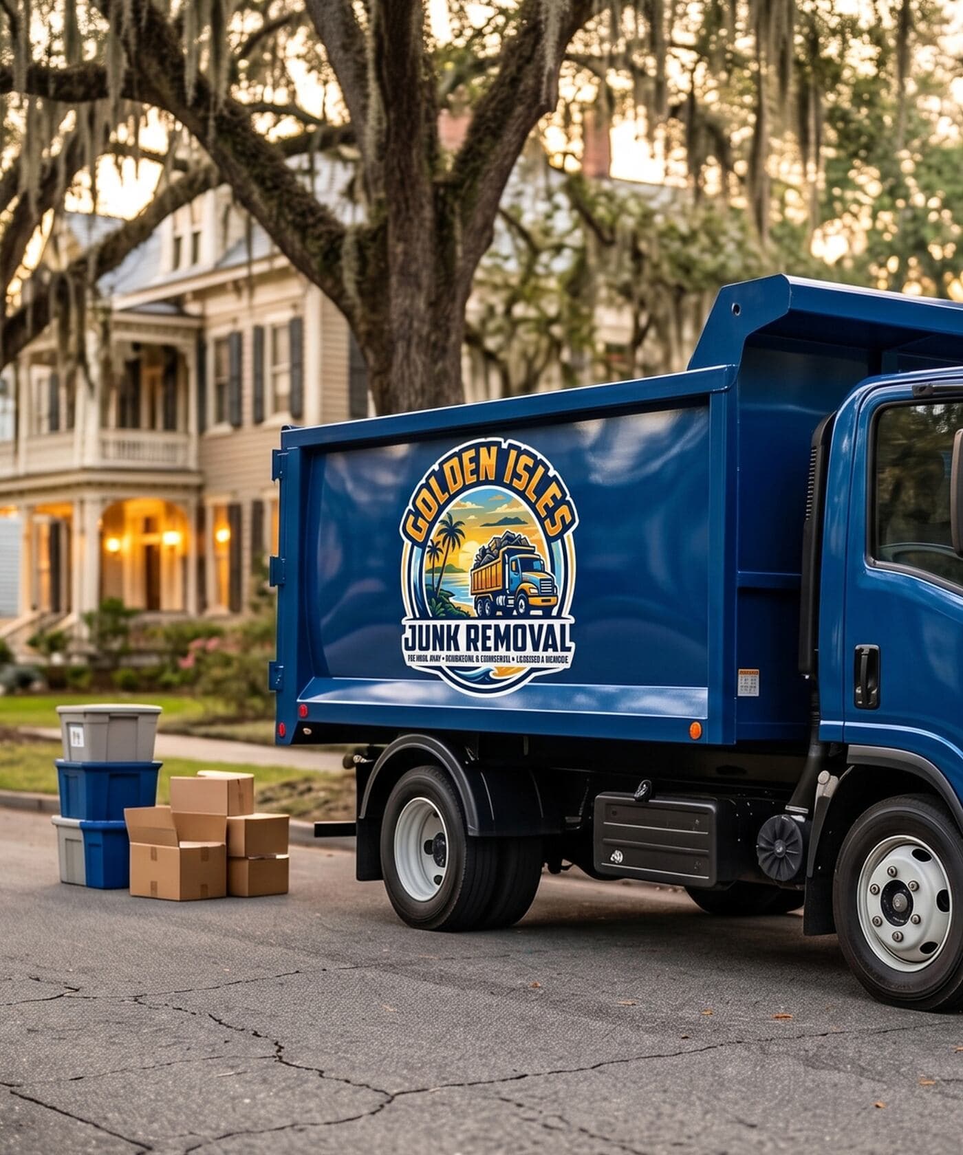 Golden Isles Junk Removal truck parked on a tree-lined street in Historic Brunswick, Georgia.