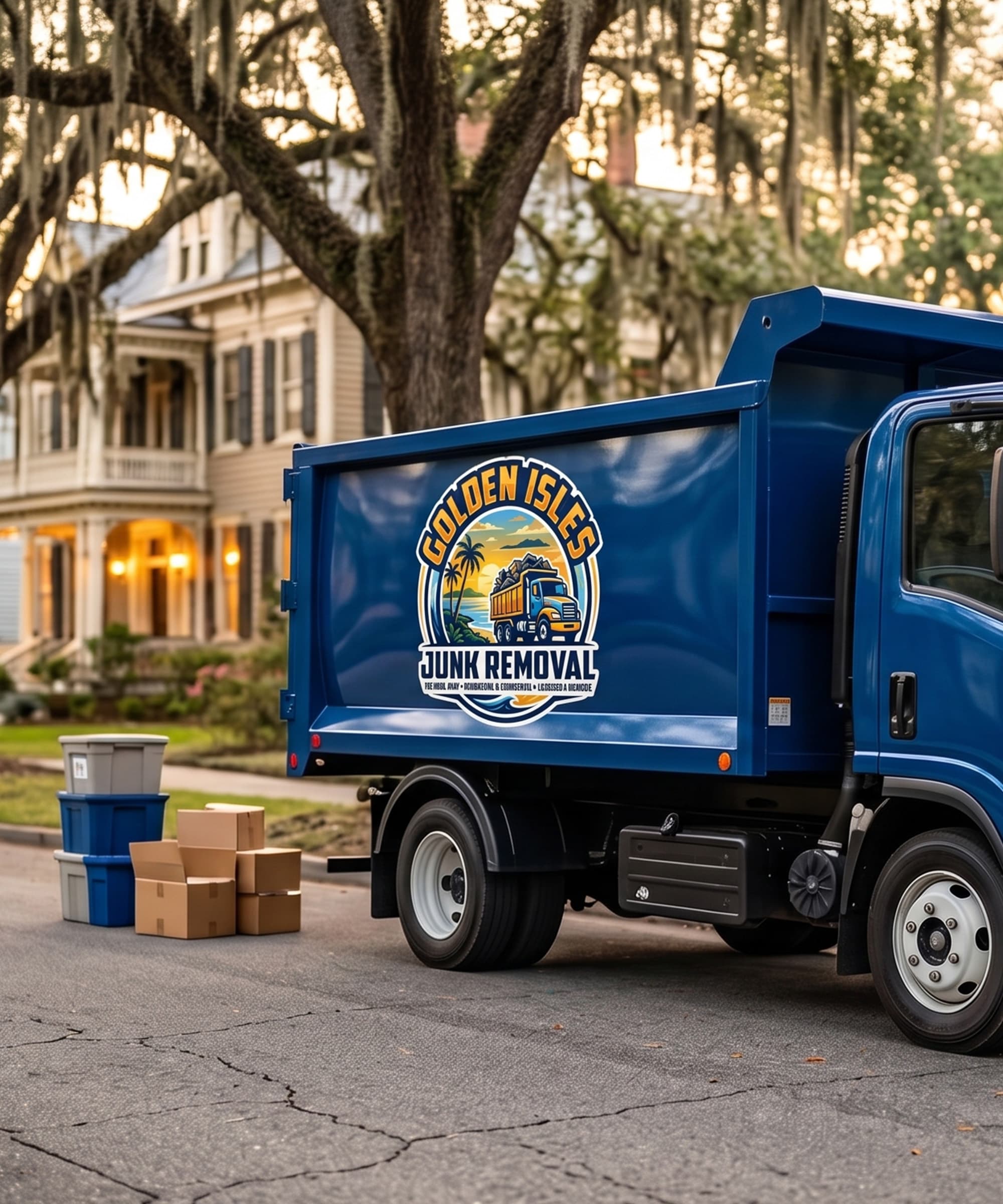 Golden Isles Junk Removal truck parked on a tree-lined street in Historic Brunswick, Georgia.