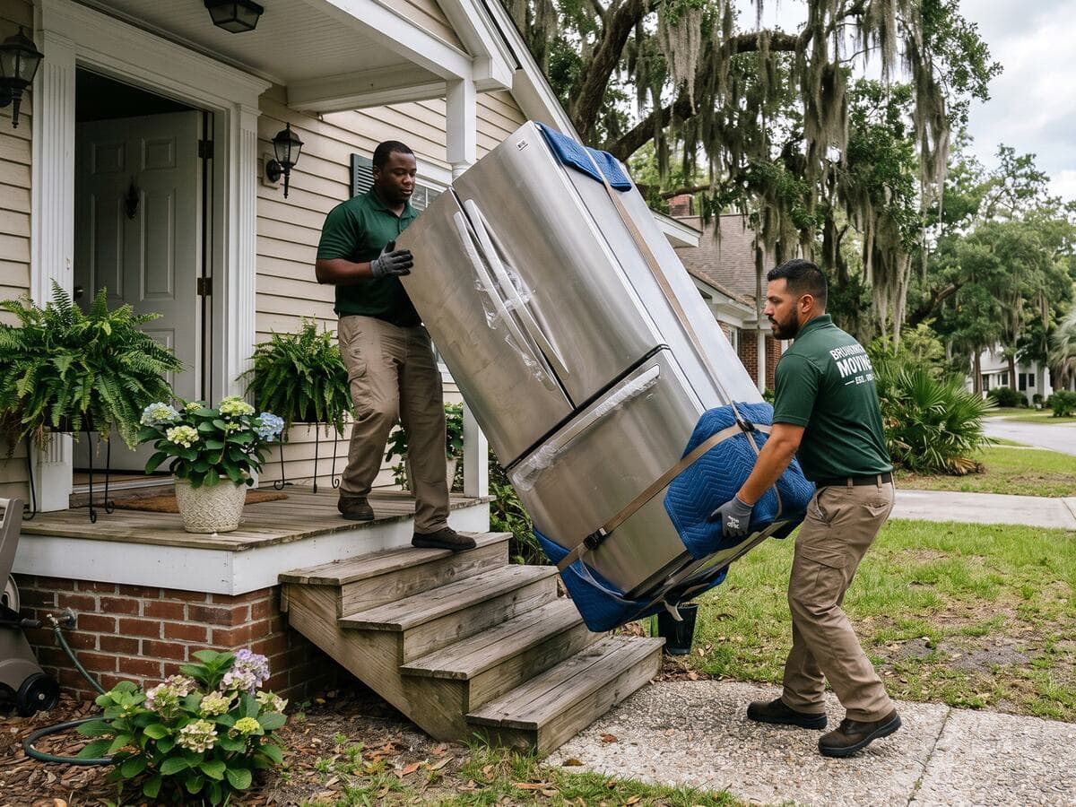 Workers removing a heavy refrigerator from a home for appliance disposal and recycling service