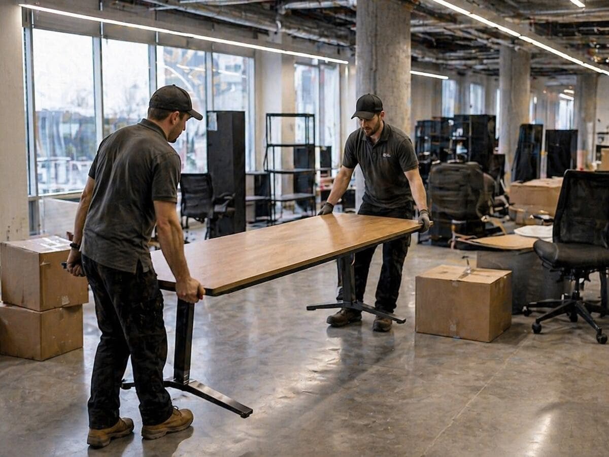 Office cleanout with workers removing desks, chairs, and boxes from a commercial space