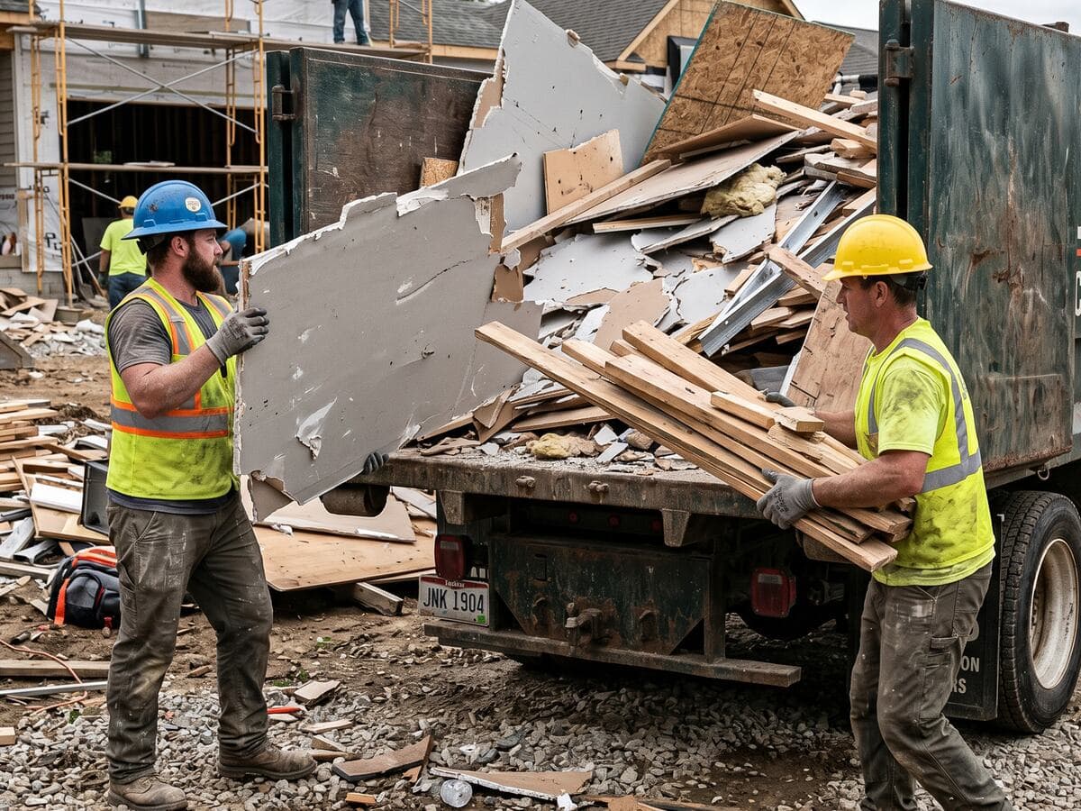 Construction crew loading drywall and wood debris into a truck at a job site cleanup project