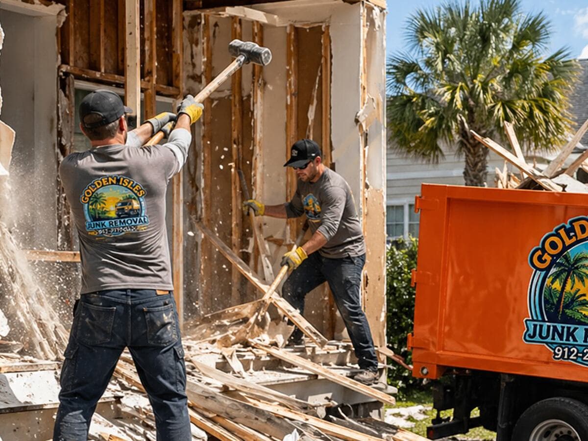 Light demolition crew tearing down a backyard structure