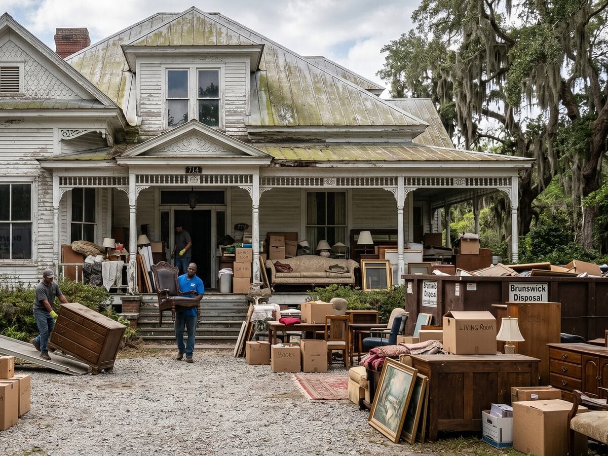 Full estate cleanout in coastal Georgia with furniture, boxes, and household items staged for removal