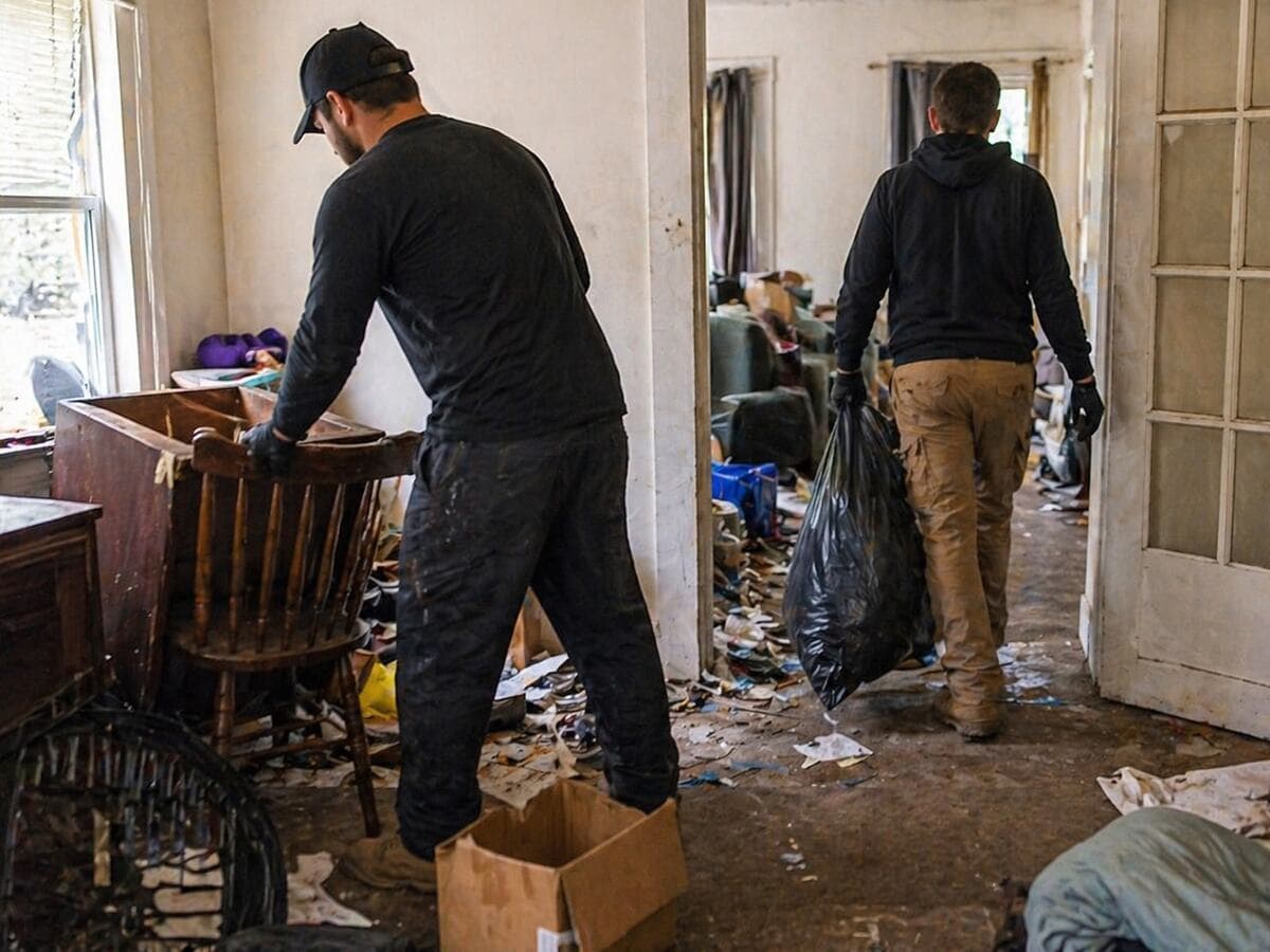 Junk removal crew clearing out a trashed interior after eviction with bags of debris and damaged furniture