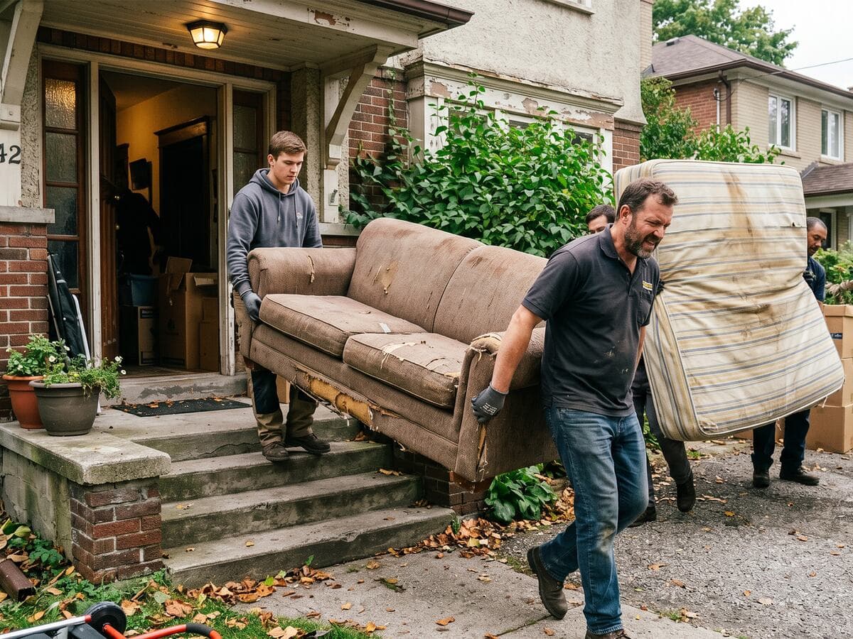 Two junk removal workers carrying a couch and mattress out of a home in Brunswick GA for furniture removal service