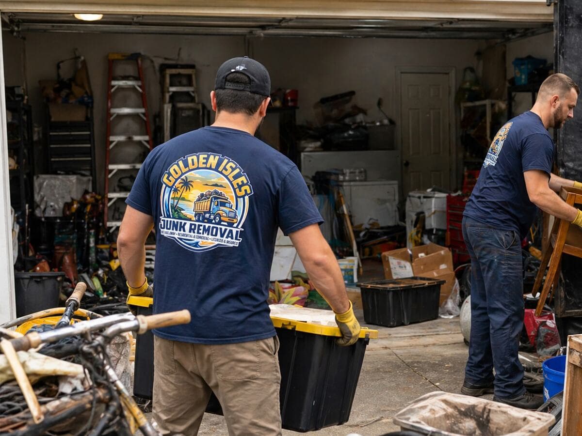 Cluttered garage being cleaned out with tools, boxes, and old furniture being removed by junk removal crew