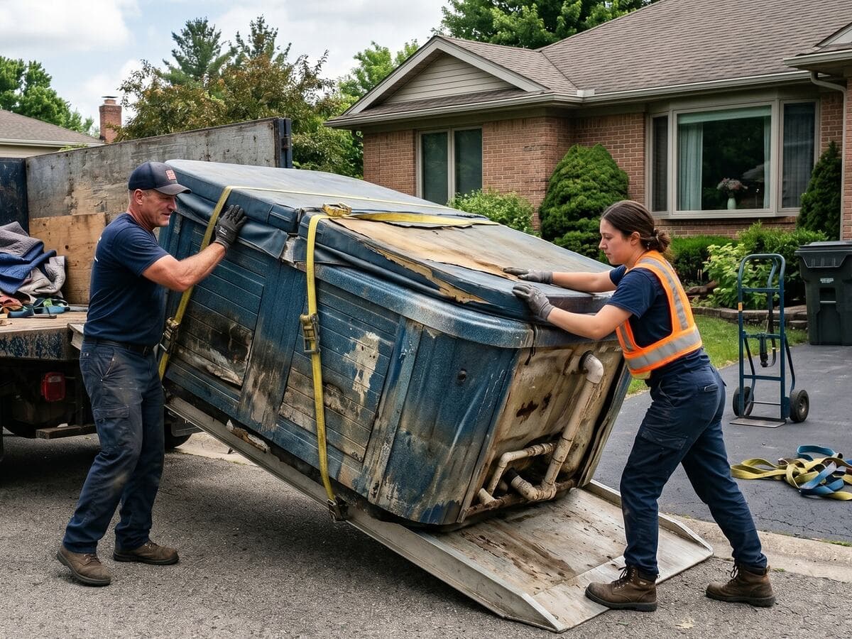 Crew removing and hauling away a large hot tub from a backyard as part of demolition and junk removal service