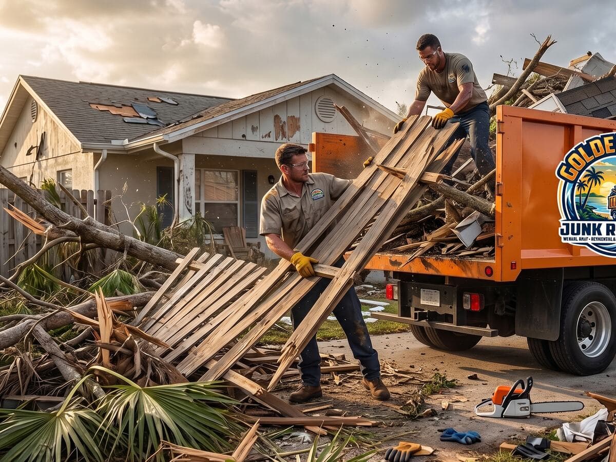Storm cleanup with workers loading fallen branches and yard debris after severe weather in coastal Georgia