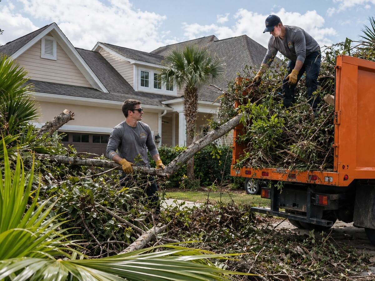 Crew clearing storm debris and yard waste in Brunswick